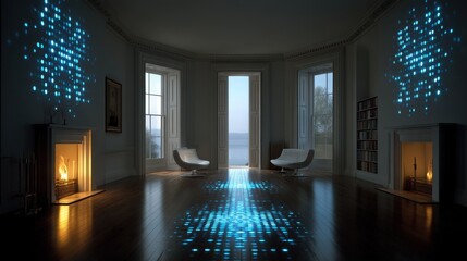 Elegant interior with futuristic floor and wall projections.