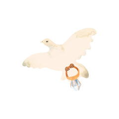 White dove flying with golden diamond ring. Symbol of love. Isolated watercolor illustration for engagement card. Clipart.