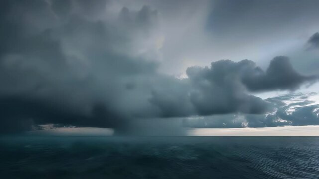 Moody Sicilian seascape in southern Italy with rugged rocky shore, churning Mediterranean waves and swirling storm clouds under a dramatic gray sky