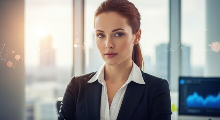 Naklejka premium 3d illustration of confident businesswoman in her office with a city view