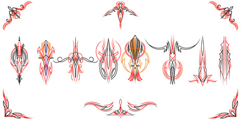 Set of vintage pin striping hotrod car line art. use for vinyl sticker, painting template, tattoo. Vector illustration