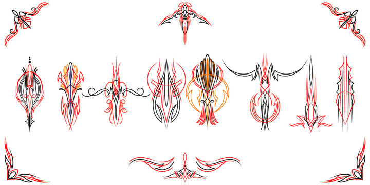 Set of vintage pin striping hotrod car line art. use for vinyl sticker, painting template, tattoo. Vector illustration