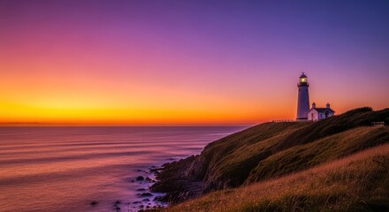 Dramatic sunset illuminates a coastal scene featuring a white lighthouse perched atop a grassy cliff overlooking the ocean, with vibrant hues of orange, pink, and purple sky.