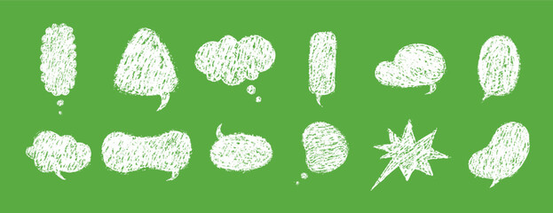 Balloon speech crayons. Vector Speech Bubble Collection with Crayon Texture. White Retro chatting or message boxes on green background.