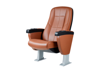 Luxury brown leather theater seat with armrests and metal base on transparent background, PNG