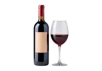 Red wine bottle and filled glass on transparent background, PNG