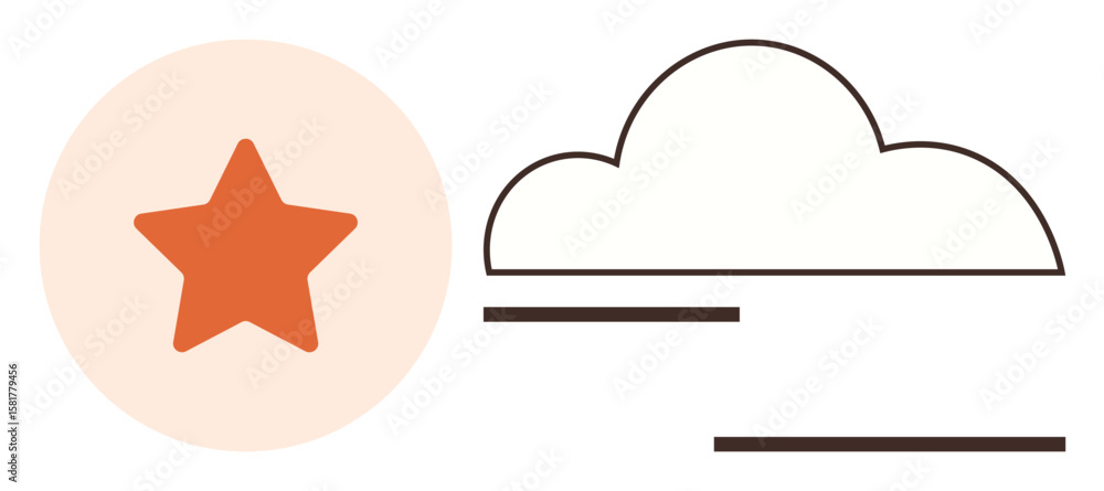 Poster orange star in a circular backdrop alongside an outlined cloud with minimal horizontal lines. ideal 