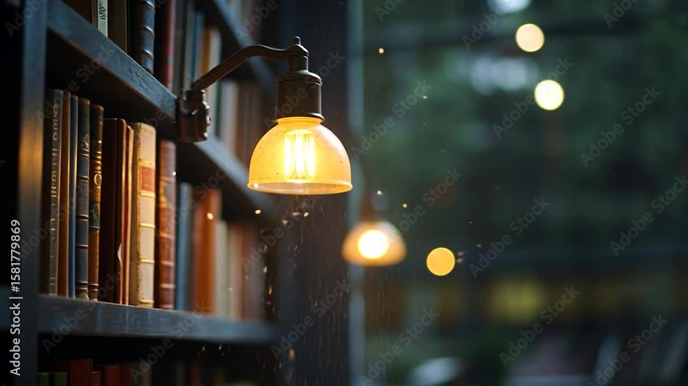 Poster warm light from a wall lamp illuminates a dark bookshelf filled with books, creating a cozy and atmo