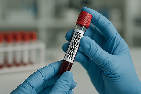 Gloved hands holding a blood sample vial with a barcode label, in a clinical laboratory environment. Background features a blurred test tube rack.