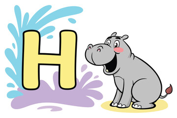 Fototapeta premium Hippo sitting beside letter H with a smile, water splash on white background