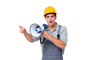 Young man construction worker using megaphone in grey overalls on transparent background, PNG