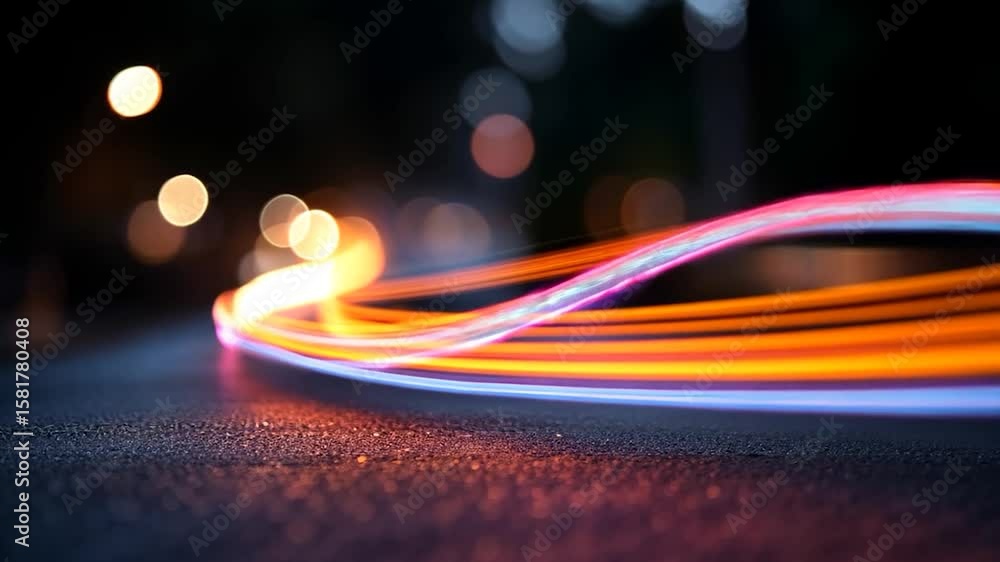 Aufkleber abstract video of glowing light trails in orange, blue, and pink hues on a dark background. the ligh