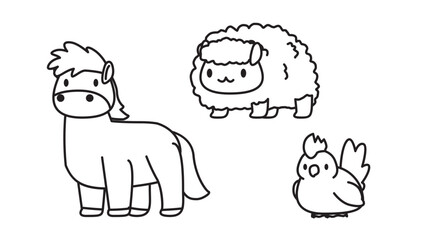 Horse Lamb Hen Cartoon Minimal Doodle Cute Character