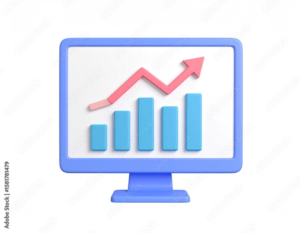 Poster 3d rendered blue monitor with rising line graph and bar chart on a white background