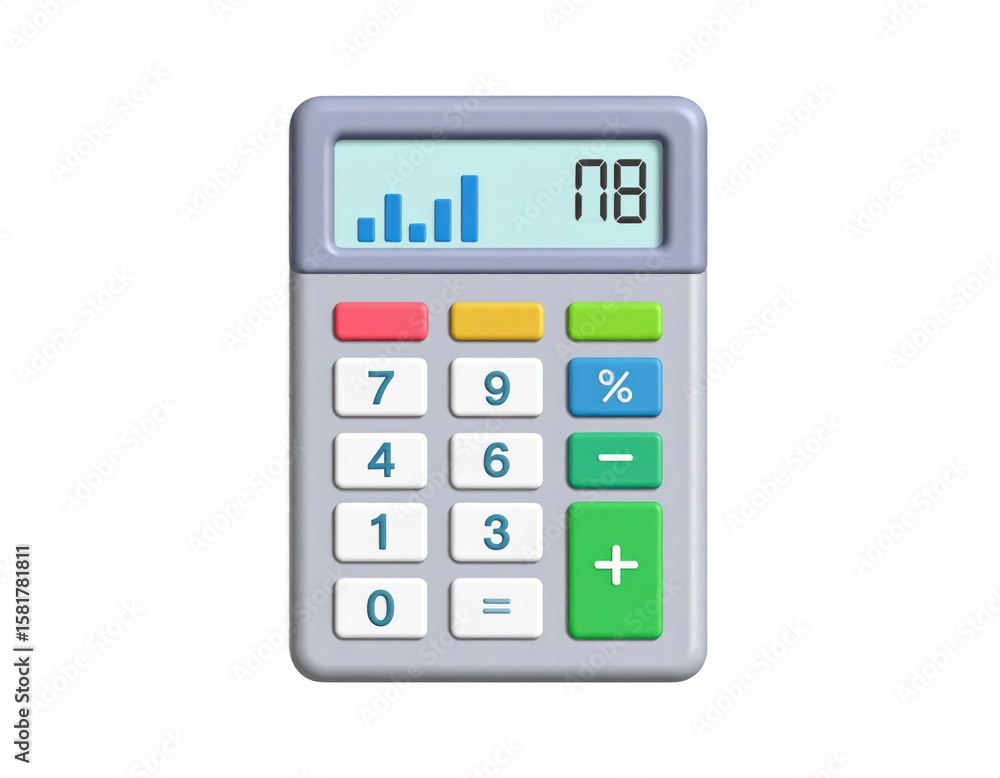 Poster 3d rendered calculator with bar chart display against clean white background for financial or busine