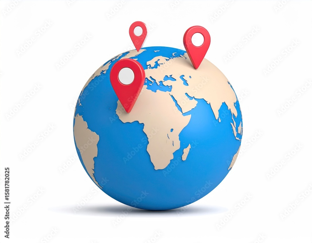 Poster 3d rendered globe with red location markers on white background illustrating global logistics concep