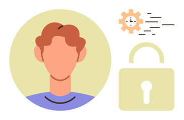 Portrait of a person with a gear and padlock symbol emphasizes data protection, time efficiency, digital identity. Ideal for data privacy, cybersecurity, technology, productivity, modern app, online