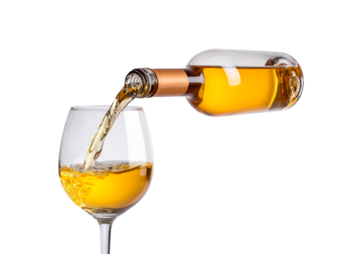 Golden white wine poured into clear glass on transparent background, PNG - Powered by Adobe