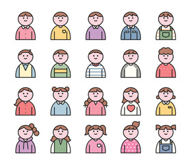 A set of diverse cartoon child characters, including boys and girls with various outfits and hairstyles, depicted as simple avatars.