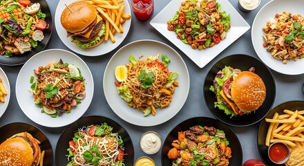Abundant assortment of diverse dishes, fresh salads and appetizing burgers