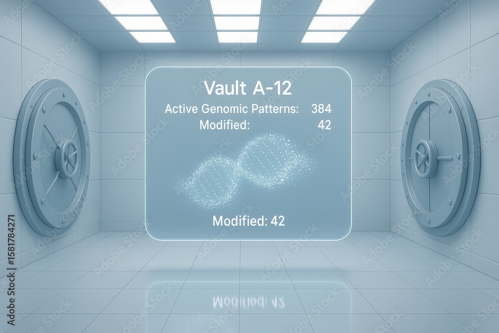Poster digital vault showcasing genomic patterns in a futuristic white room with two large circular doors a