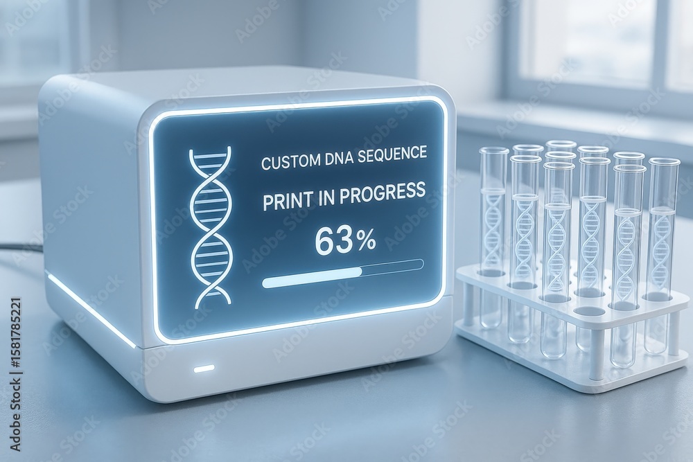 Poster custom dna sequence printing showing progress on a screen with nearby test tubes in a bright laborat