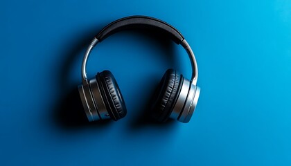 Silver and black headphones mockup on vibrant blue background

