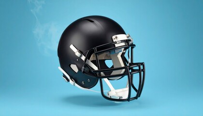 Fototapeta premium Black Football Helmet Floating With Glass Visor and Vapor Effect Against Light Blue Background