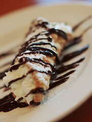 Close up of a delicious cannoli dessert with chocolate sauce and cream filling.