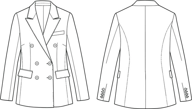 Flat fashion sketch of women’s double-breasted blazer with peak lapel, front and back view, button detail, pocket design vector
