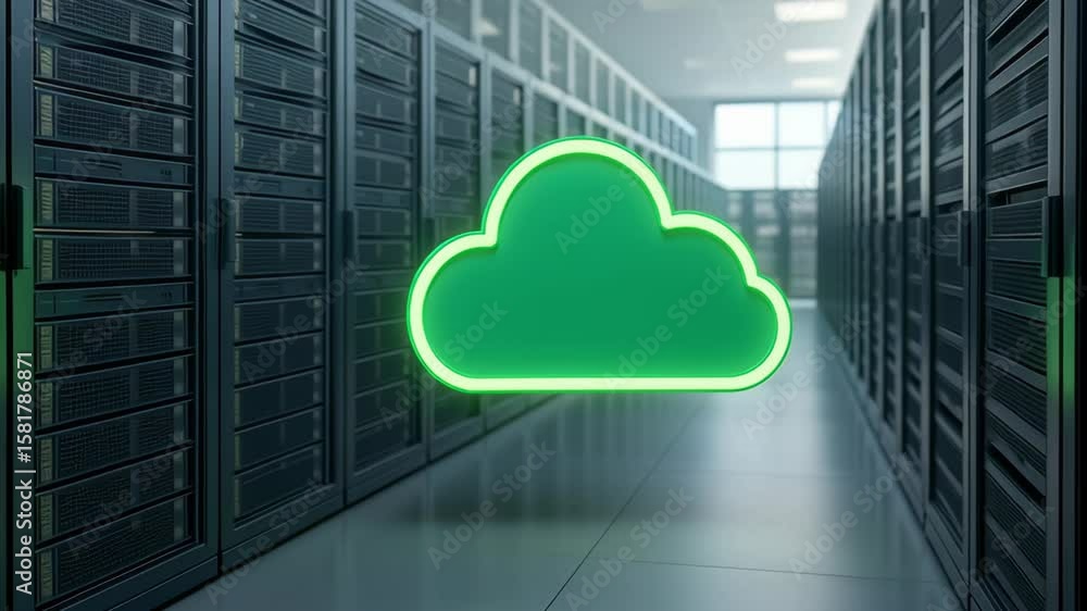 Poster renewable energy data center. green glowing cloud icon floating modern data center aisle with server