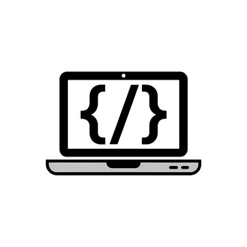 Coding on a laptop with programming symbols displayed on the screen for software development