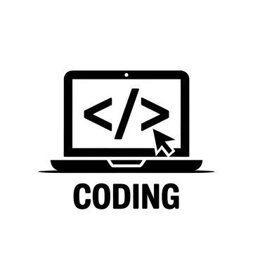 Coding on a laptop with programming symbols displayed on the screen for software development