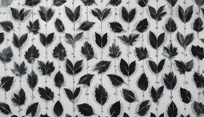 Obraz premium Artistic arrangement showcases gray leaves suspended on wires against a bright background, creating a nature inspired pattern.