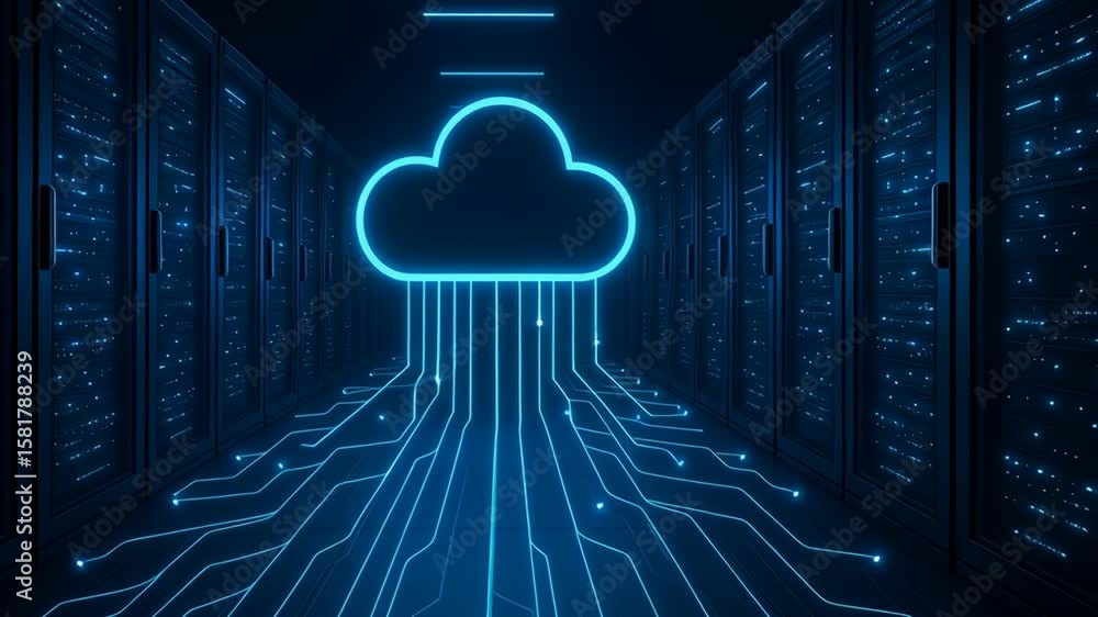 Poster renewable energy data center. cloud computing concept featuring glowing cloud icon, digital data flo