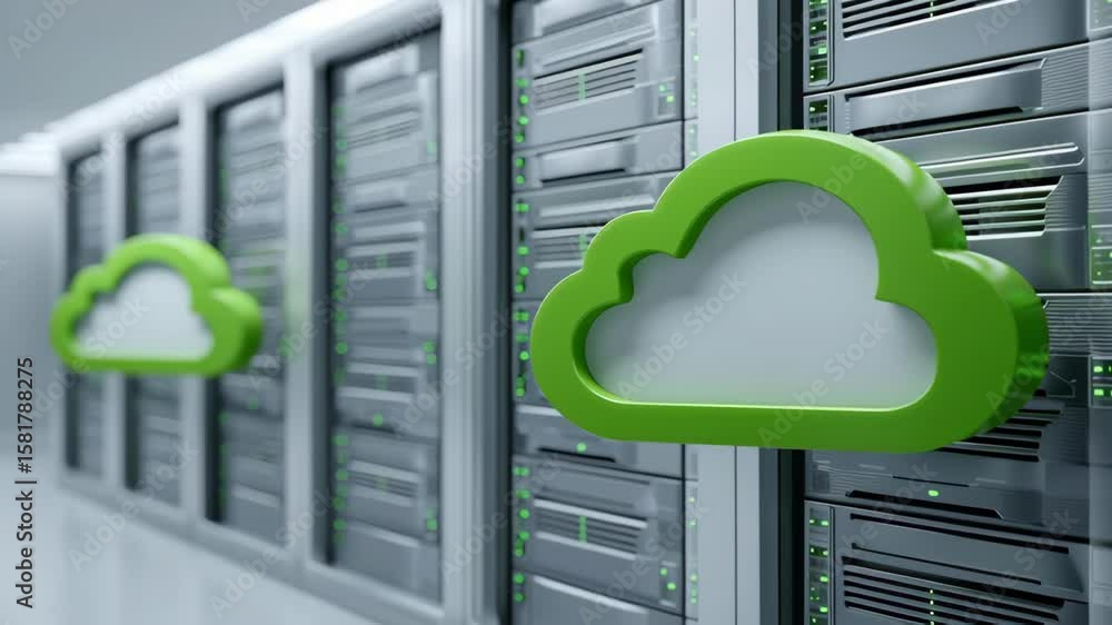 Poster renewable energy data center. cloud computing technology with green cloud icons and server racks mod
