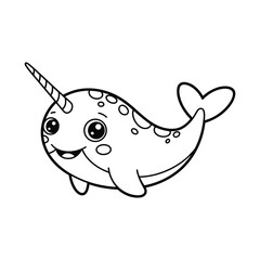 Cute narwhal cartoon coloring page for kids, adorable sea animal illustration, black and white line art, printable educational ocean wildlife drawing. © Fahimaakter