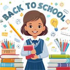 A high-quality 3D cartoon illustration showing A smiling schoolgirl holding a pencil and a book in her hands, wearing a neat uniform and st.svg, designed to represent creativity, fun, and visual story