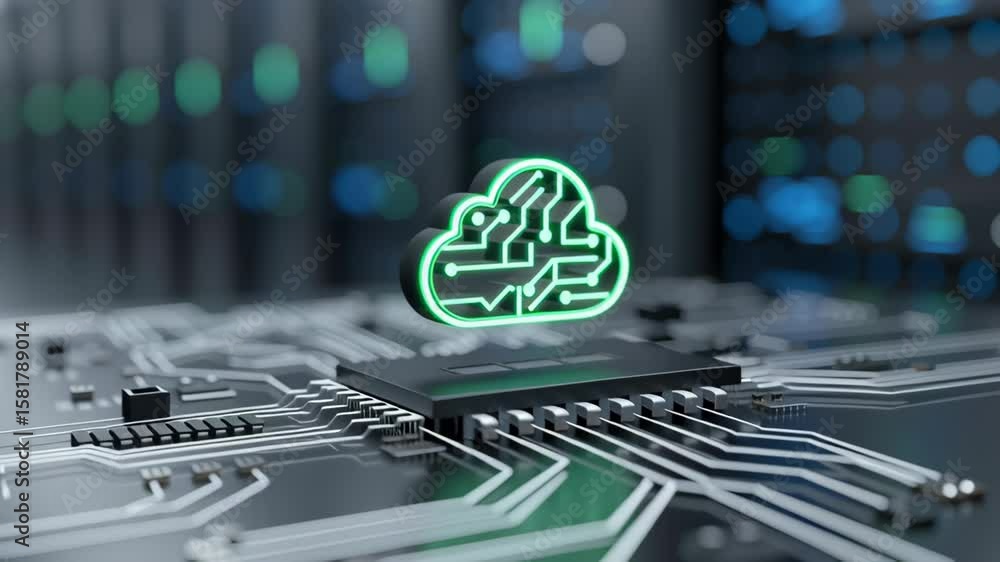 Poster renewable energy data center. glowing green cloud icon with microchip and circuit board illustrating