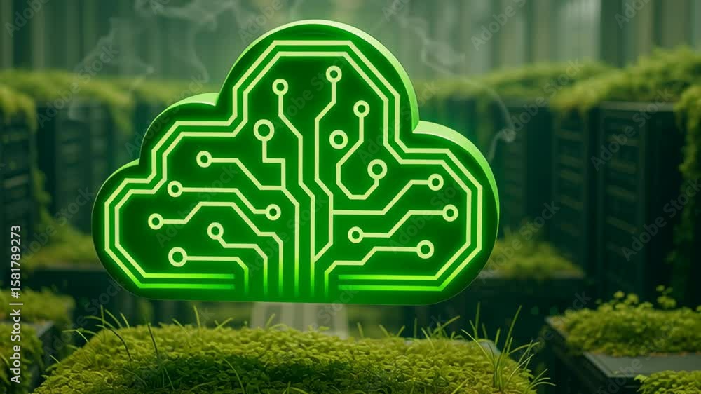 Poster renewable energy data center. green cloud technology with circuit lines glowing above moss covered s