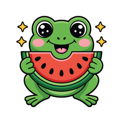 Cute frog cartoon eating watermelon, adorable animal character illustration for kids, summer fruit snack, kawaii vector art isolated on white background.