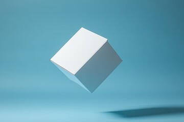 Blank white cube, light blue backdrop.  Simple, geometric, minimalist.  3D rendered,  floating box.  Soft lighting