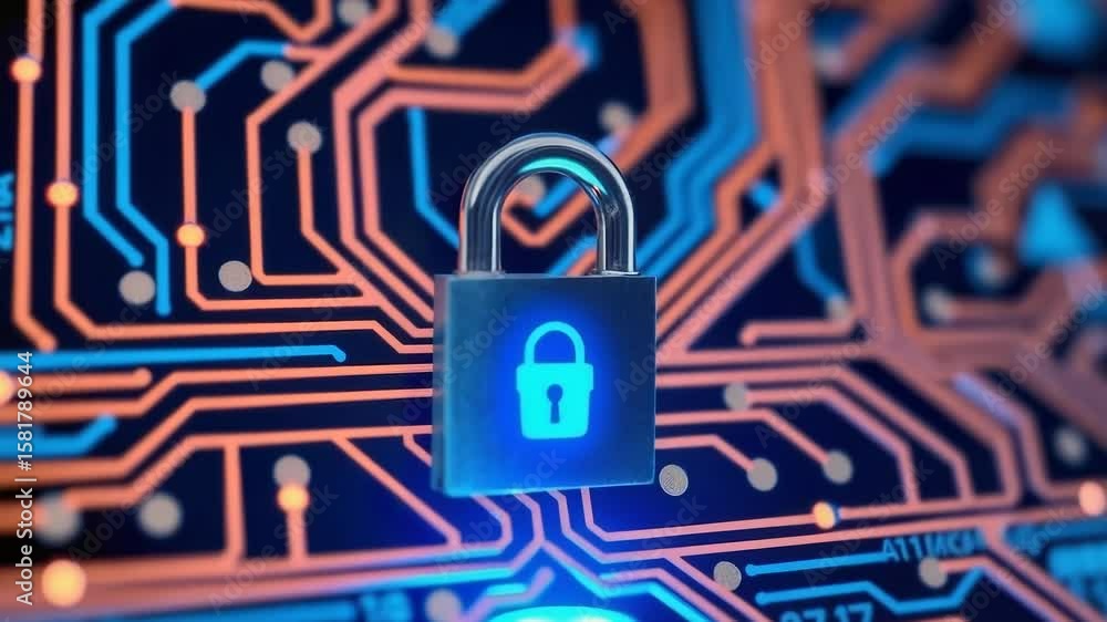Poster a glowing padlock symbolizes digital security on a complex computer circuit board