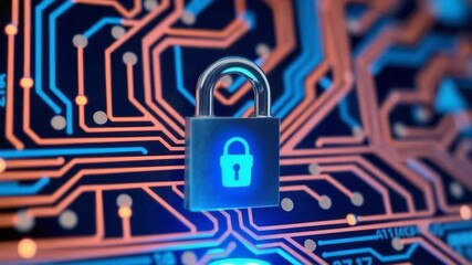 A glowing padlock symbolizes digital security on a complex computer circuit board - Powered by Adobe