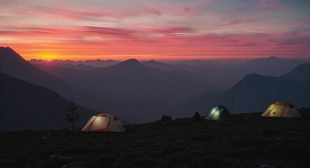 A beautiful scene Three Tents Silhouette at Sunrise Over Majestic Mountains