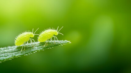 Fototapeta premium Two tiny green aphids with fuzzy bodies on a bright green leaf