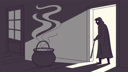 Spooky halloween night scene with witch brewing potion and mysterious figure entering the door frame