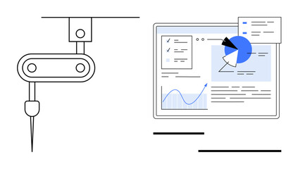 Robotic arm paired with analytical dashboard displaying charts, graphs, and data records. Ideal for automation, data science, innovation, AI, productivity, analytics simple landing page