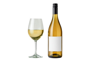 Chilled white wine bottle with glass on transparent background, PNG