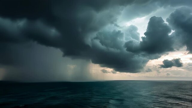 Dark thunderstorm clouds unleashing cascading rain onto a restless ocean beneath a brooding sky, dramatic seascape capturing nature&rsquo;s raw power with churning waves and moody lighting on the open sea